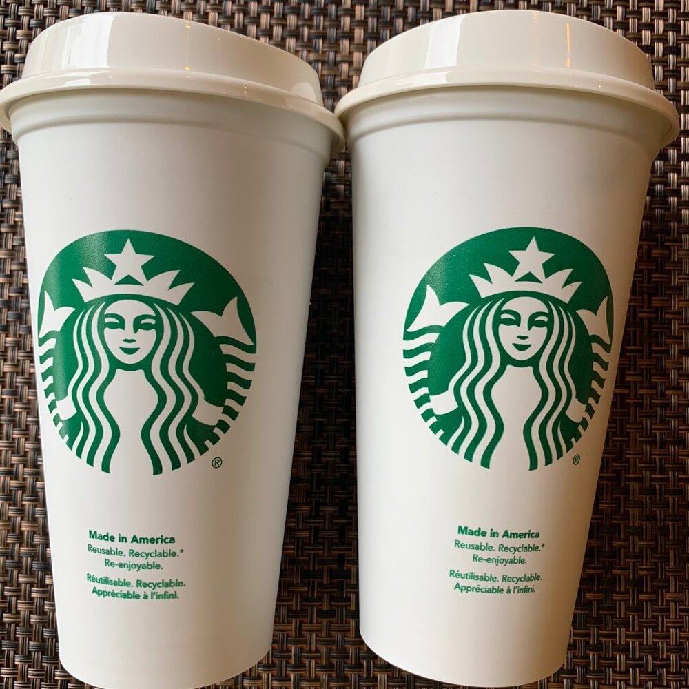 2 Starbucks Classic White Reusable Plastic Cup With Cover Grande 16oz Hot Coffee